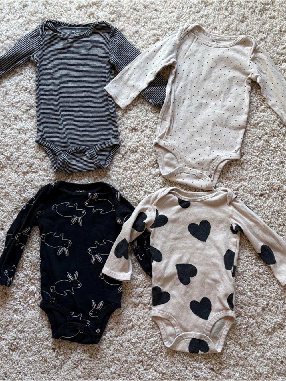 Carter's Baby Long-Sleeve One-Piece Bodysuits Black Cream Bunny Heart Black 12M